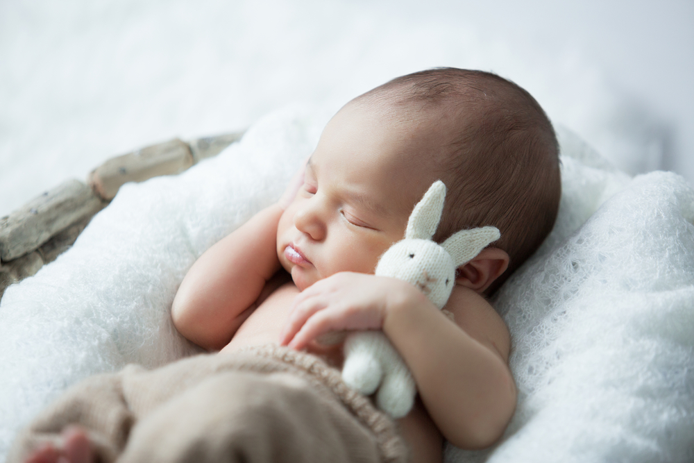 Un nouveau-né serre son doudou en forme de lapin contre lui